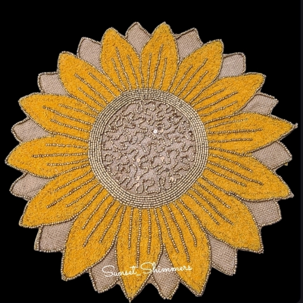 x4 Embroidered Sunflower Beaded Sequin Jute Placemat Charger Set Summer Fall NEW